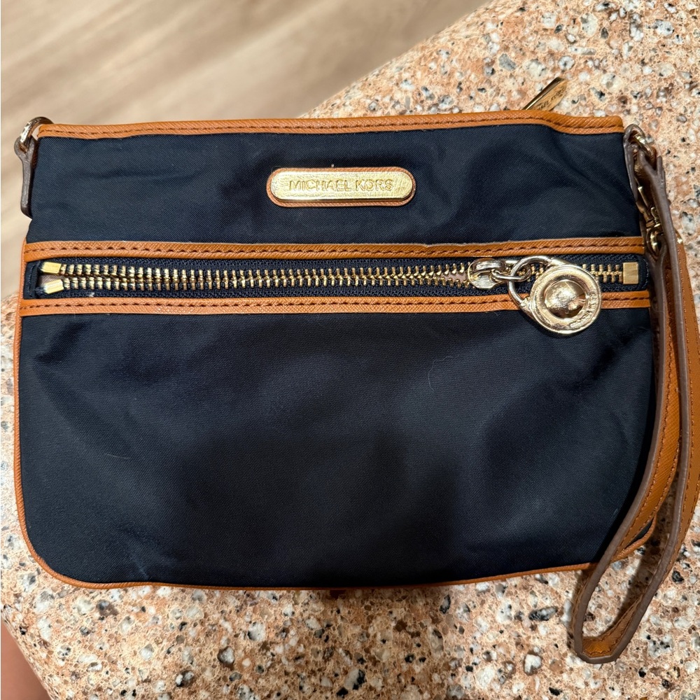 Michael Kors Navy and Tan Wristlet Clutch